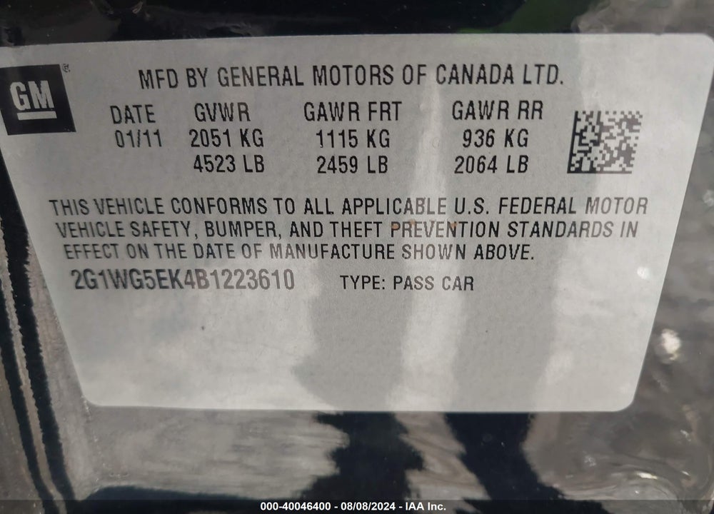 2011 CHEVROLET IMPALA LT VIN: 2G1WG5EK4B1223610