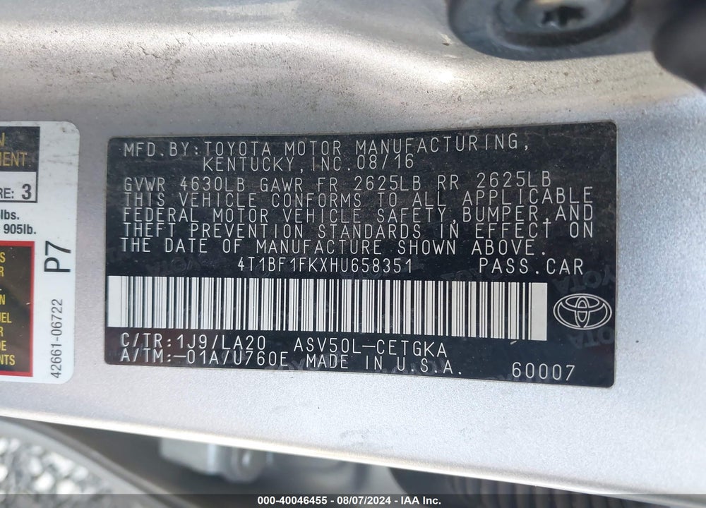 2017 TOYOTA CAMRY XLE VIN: 4T1BF1FKXHU658351
