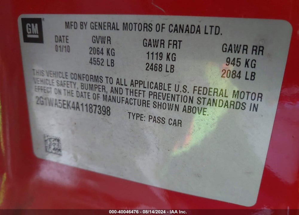 2010 CHEVROLET IMPALA LS VIN: 2G1WA5EK4A1187398
