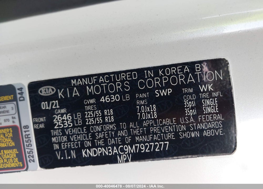 2021 KIA SPORTAGE EX VIN: KNDPN3AC9M7927277