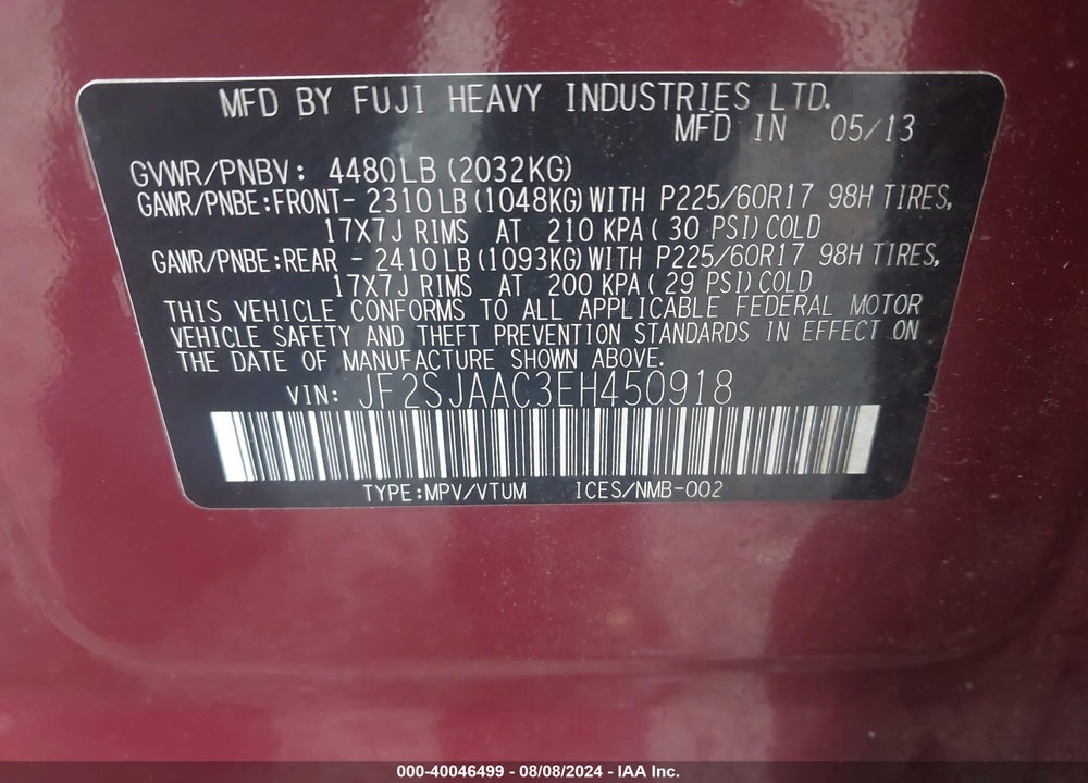 2014 SUBARU FORESTER 2.5I VIN: JF2SJAAC3EH450918
