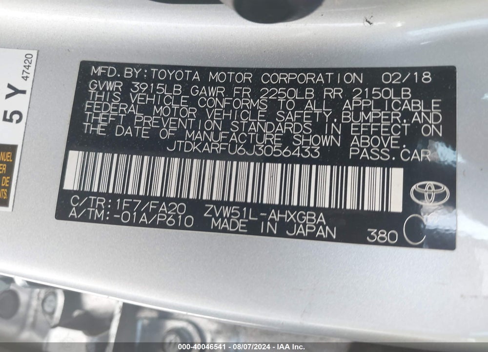 2018 TOYOTA PRIUS VIN: JTDKARFU6J3056433