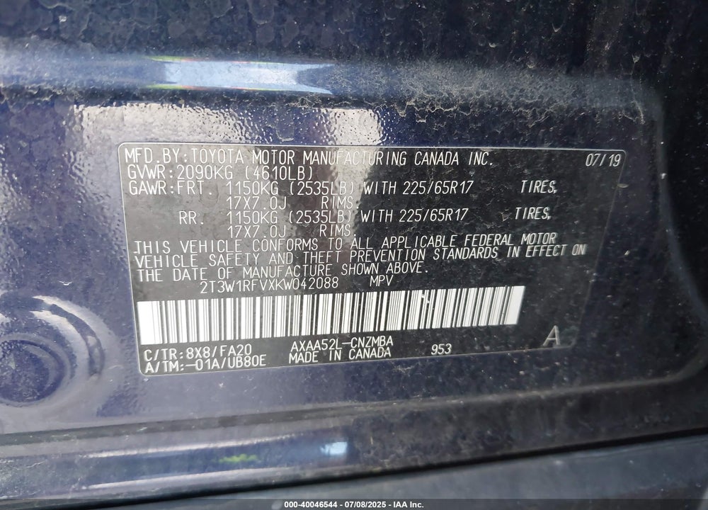 2019 TOYOTA RAV4 XLE VIN: 2T3W1RFVXKW042088