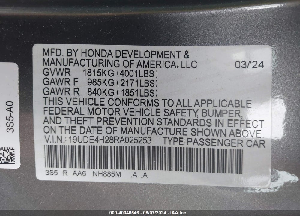 2024 ACURA INTEGRA VIN: 19UDE4H28RA025253