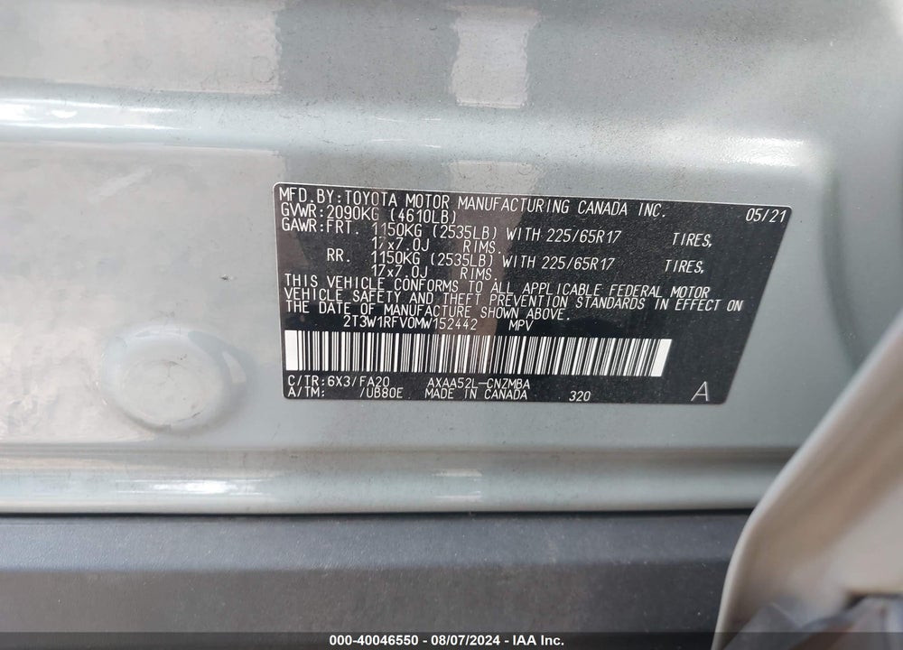 2021 TOYOTA RAV4 XLE VIN: 2T3W1RFV0MW152442