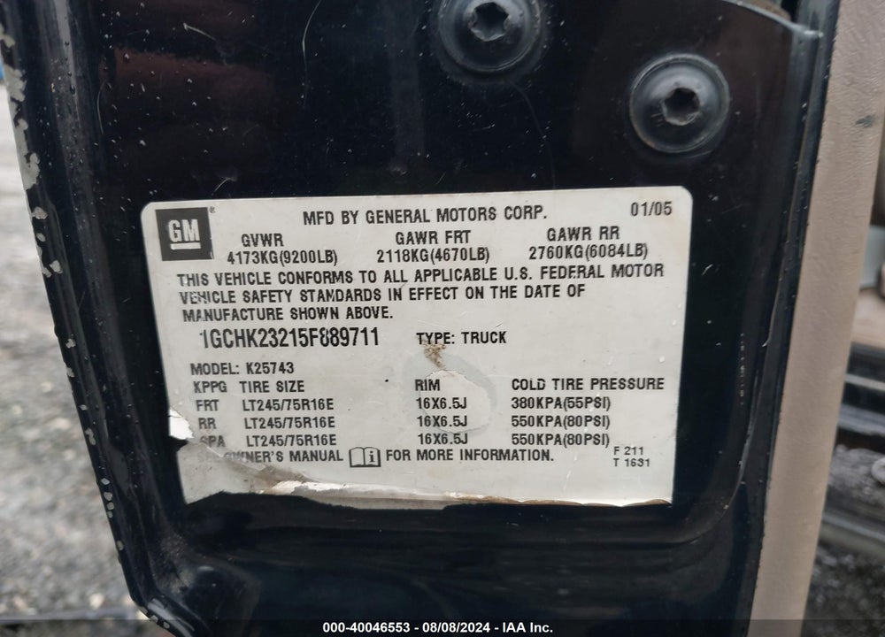 2005 CHEVROLET SILVERADO 2500HD LT VIN: 1GCHK23215F889711