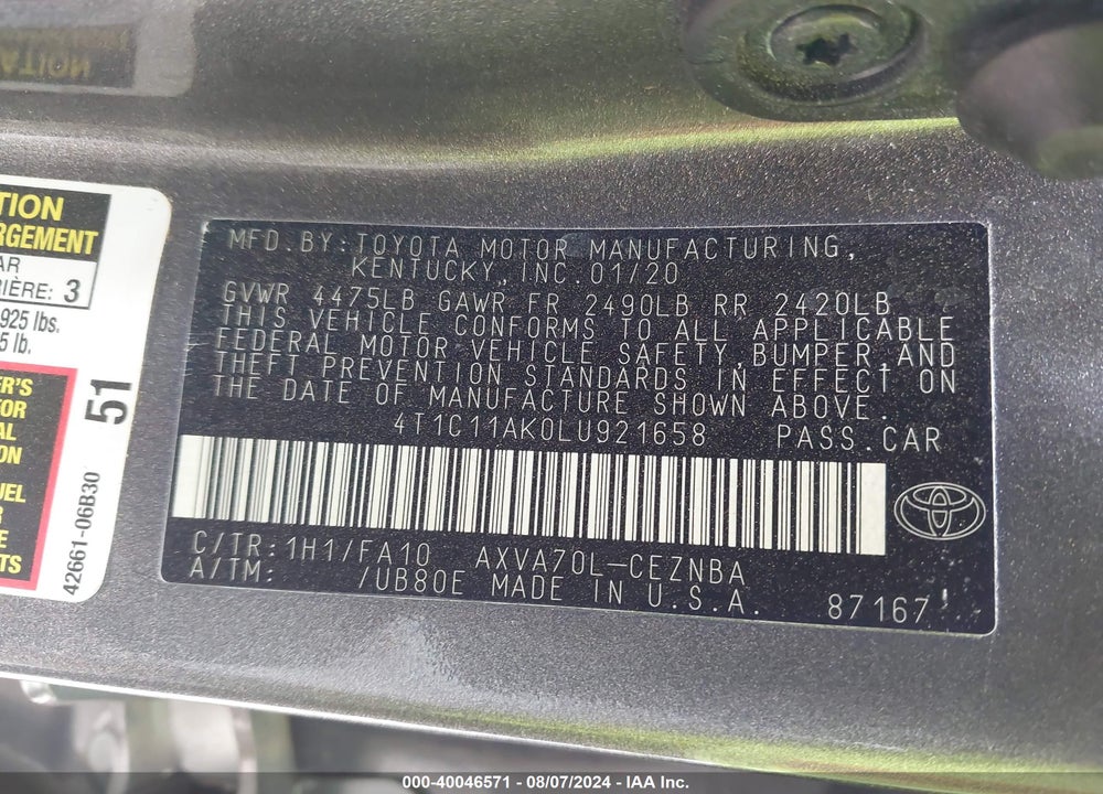 2020 TOYOTA CAMRY LE VIN: 4T1C11AK0LU921658