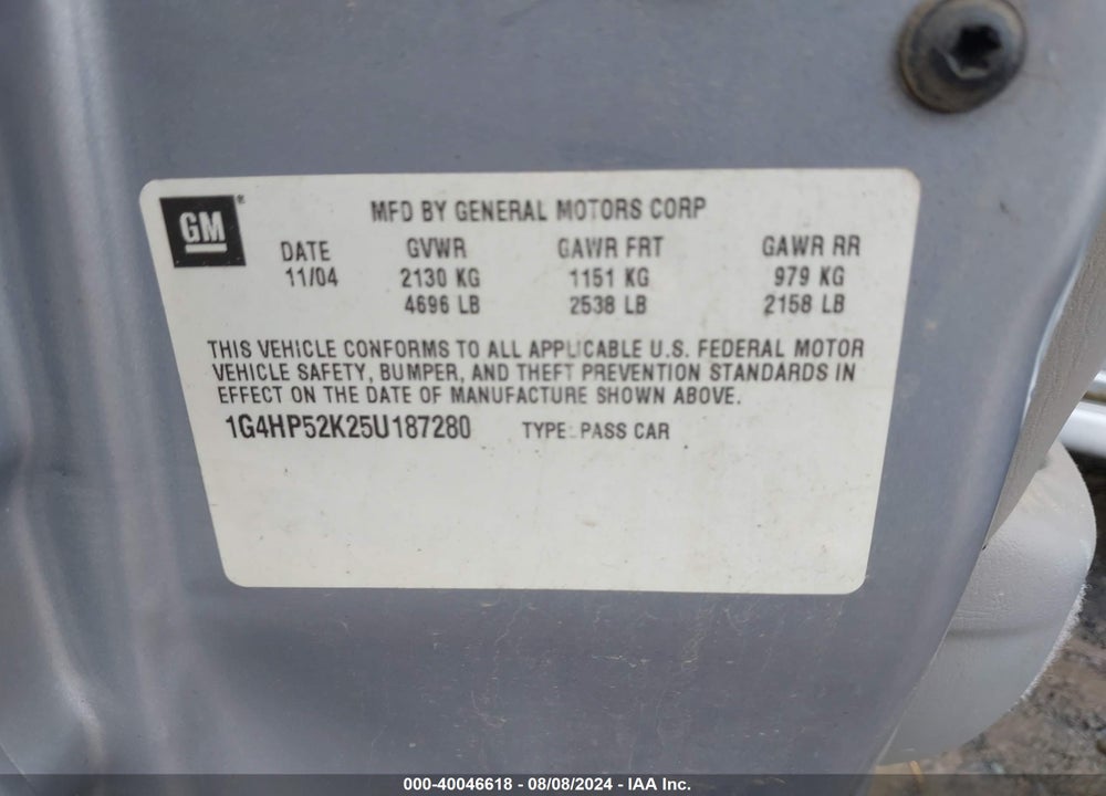 2005 BUICK LESABRE CUSTOM VIN: 1G4HP52K25U187280