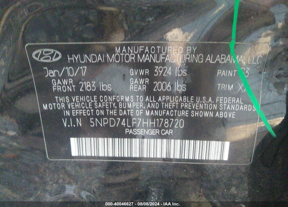 2017 HYUNDAI ELANTRA SE VIN: 5NPD74LF7HH178720