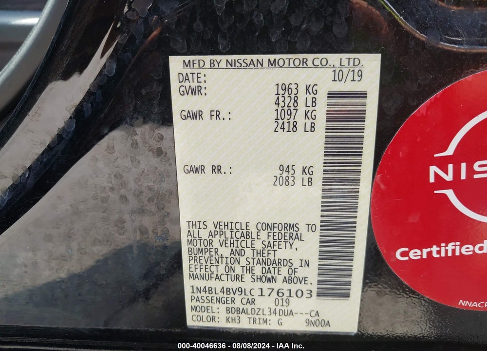 2020 NISSAN ALTIMA S FWD VIN: 1N4BL4BV9LC176103