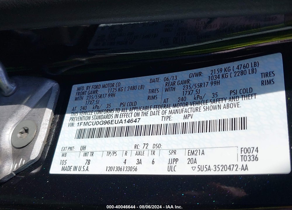 2014 FORD ESCAPE SE VIN: 1FMCU0G96EUA14647