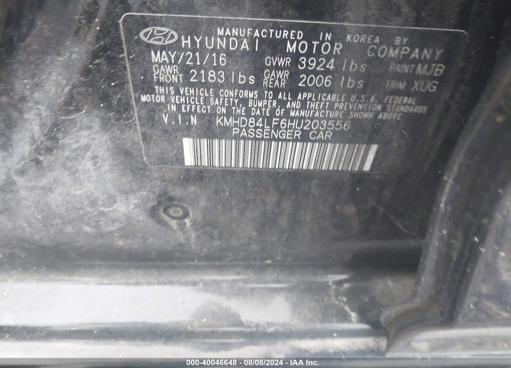 2017 HYUNDAI ELANTRA SE VIN: KMHD84LF6HU203556