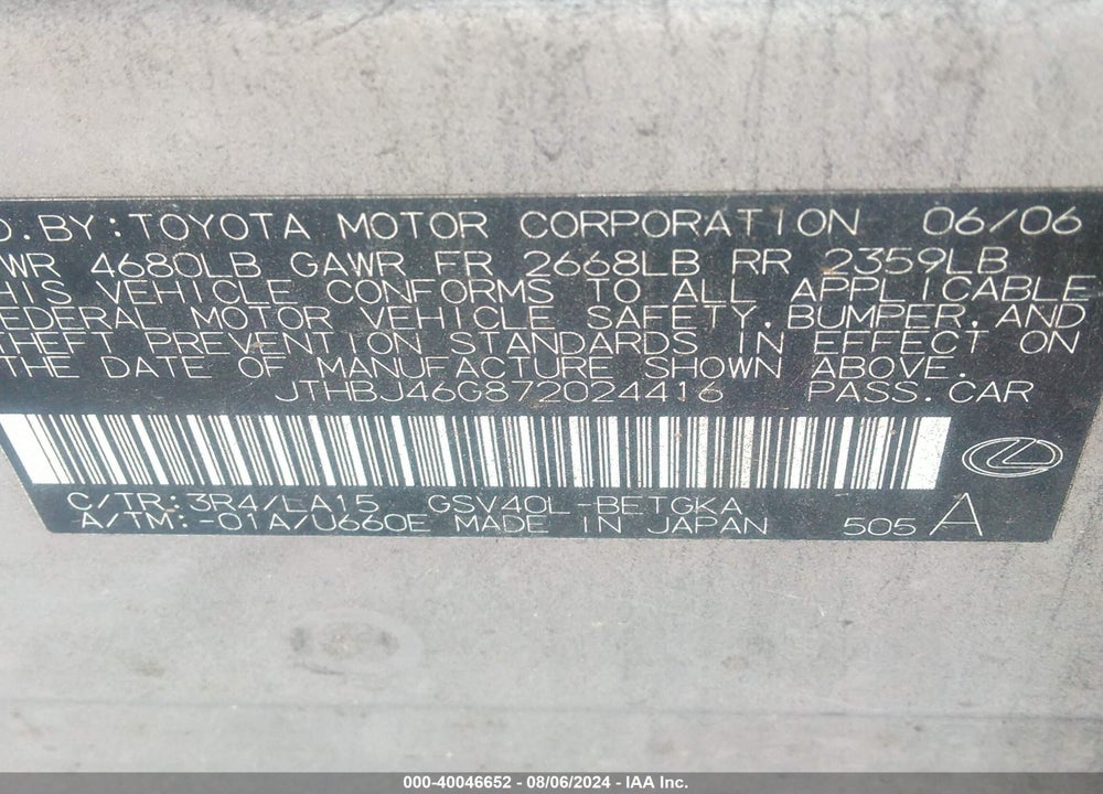 2007 LEXUS ES 350 VIN: JTHBJ46G872024416