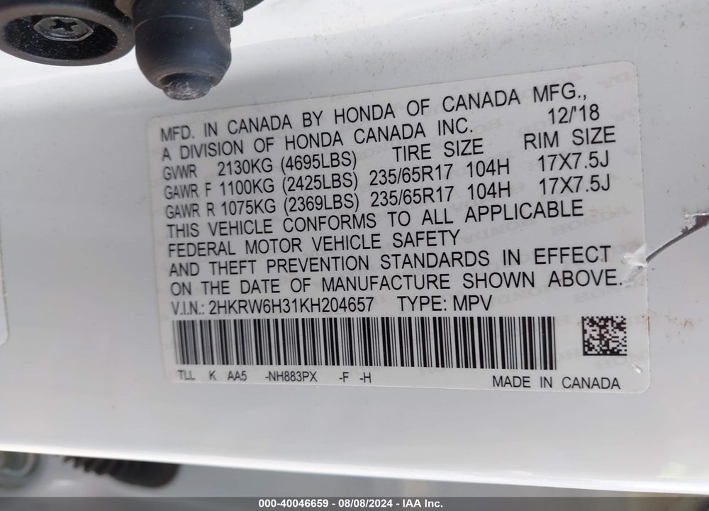 2019 HONDA CR-V LX VIN: 2HKRW6H31KH204657