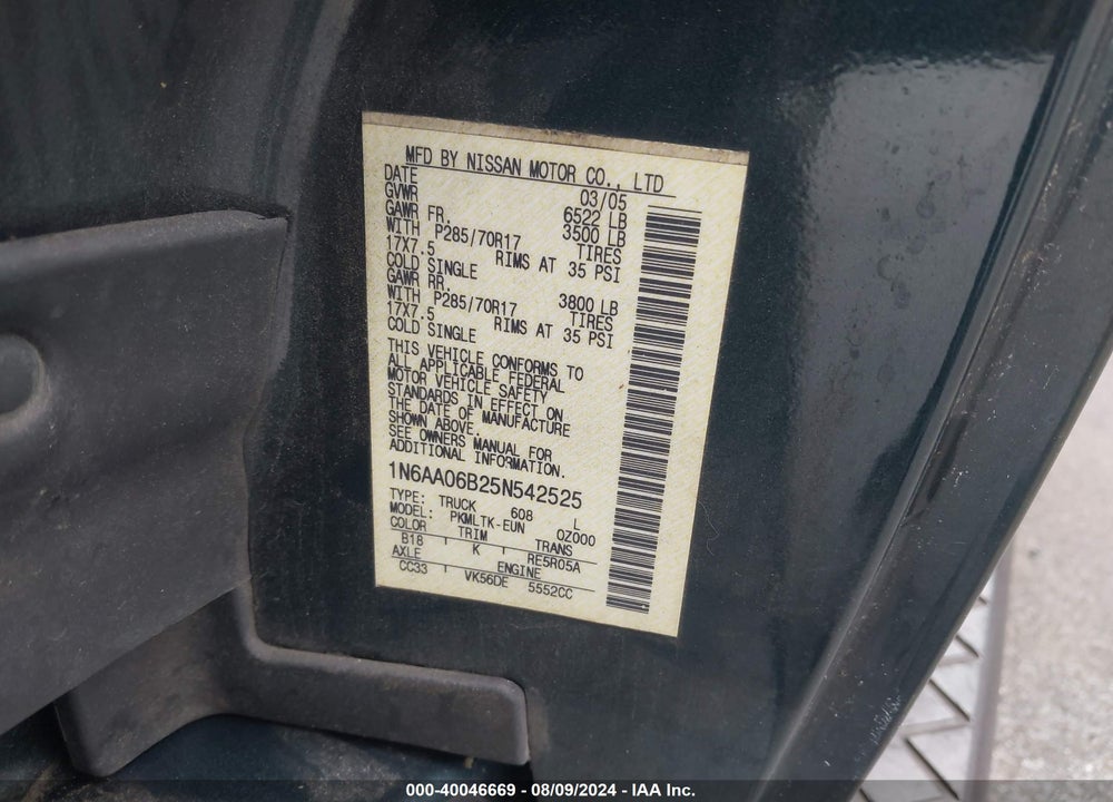 2005 NISSAN TITAN SE VIN: 1N6AA06B25N542525