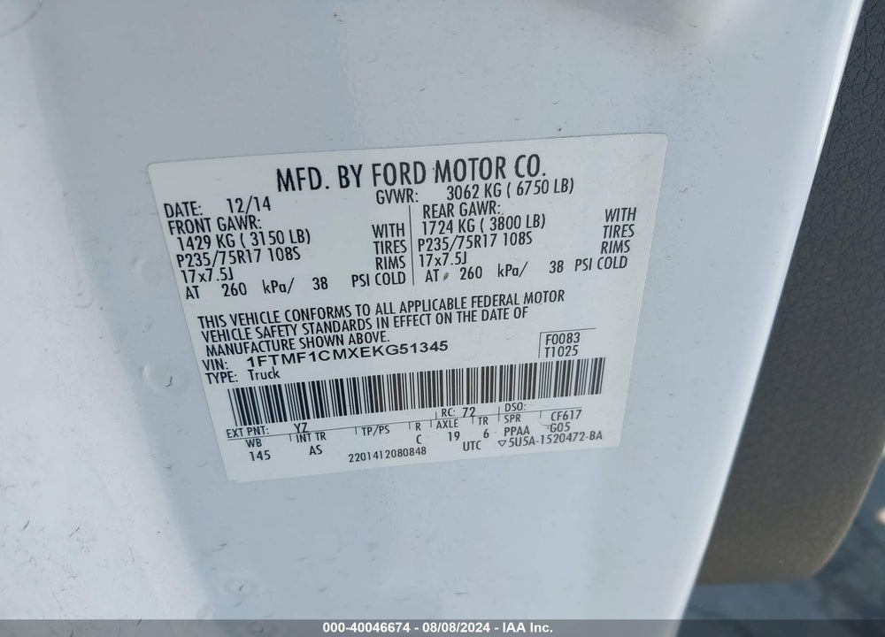 2014 FORD F-150 XL VIN: 1FTMF1CMXEKG51345