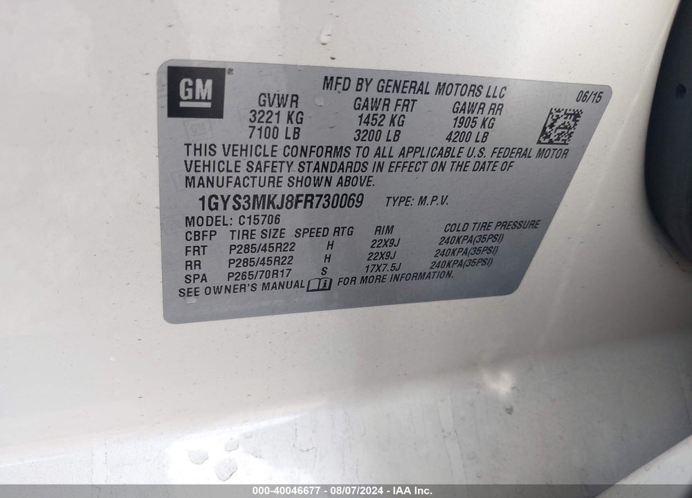 2015 CADILLAC ESCALADE LUXURY VIN: 1GYS3MKJ8FR730069