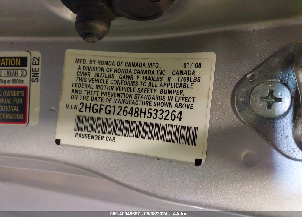 2008 HONDA CIVIC LX VIN: 2HGFG12648H533264