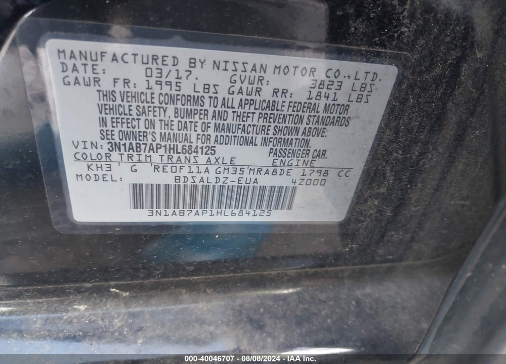 2017 NISSAN SENTRA SV VIN: 3N1AB7AP1HL684125