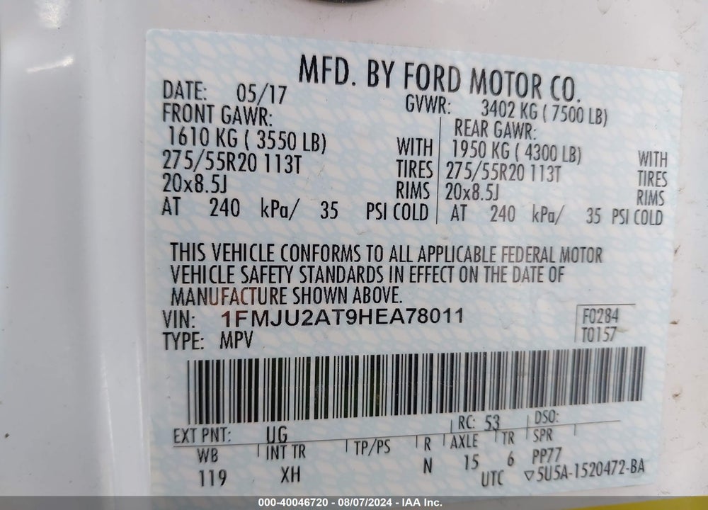 2017 FORD EXPEDITION LIMITED VIN: 1FMJU2AT9HEA78011
