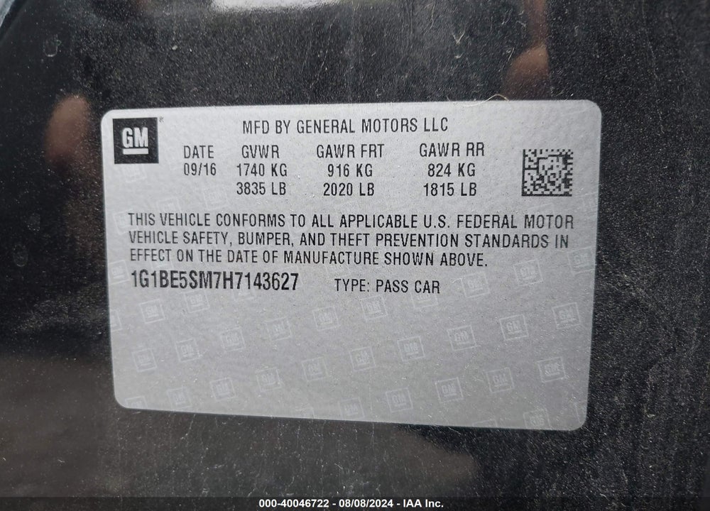 2017 CHEVROLET CRUZE LT AUTO VIN: 1G1BE5SM7H7143627