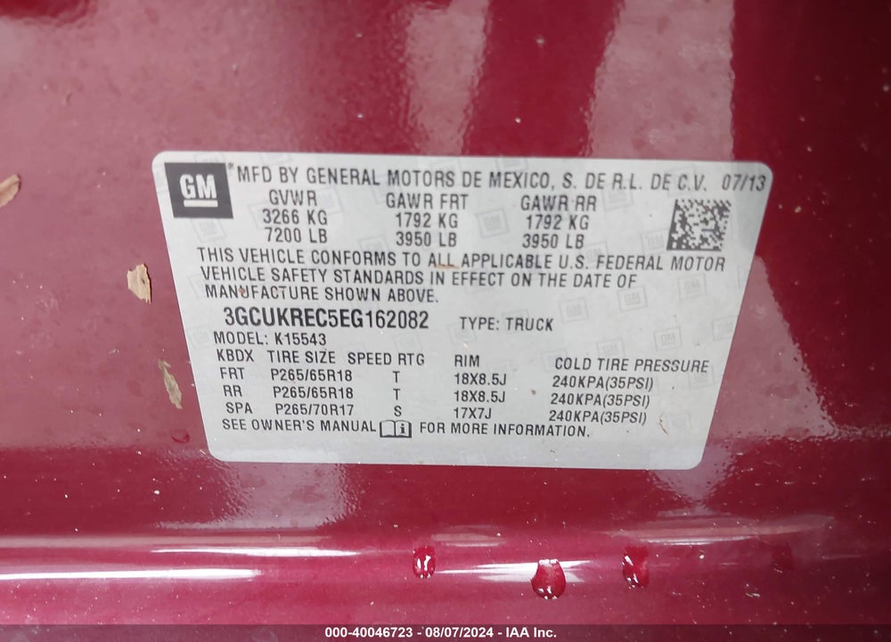 2014 CHEVROLET SILVERADO 1500 2LT VIN: 3GCUKREC5EG162082