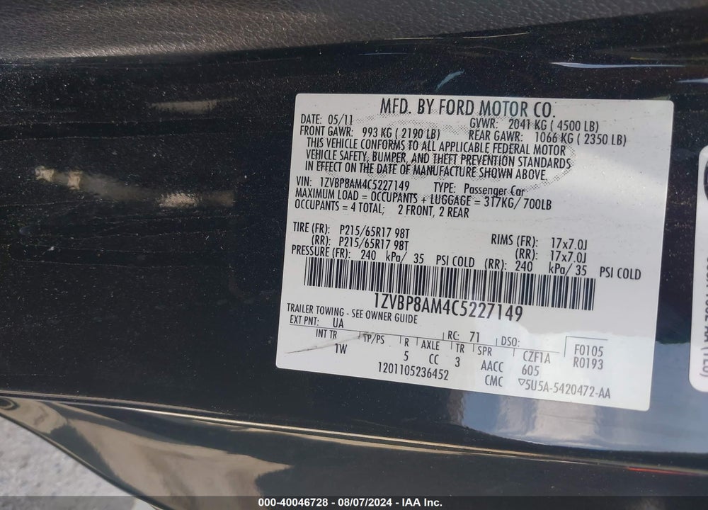 2012 FORD MUSTANG V6 VIN: 1ZVBP8AM4C5227149