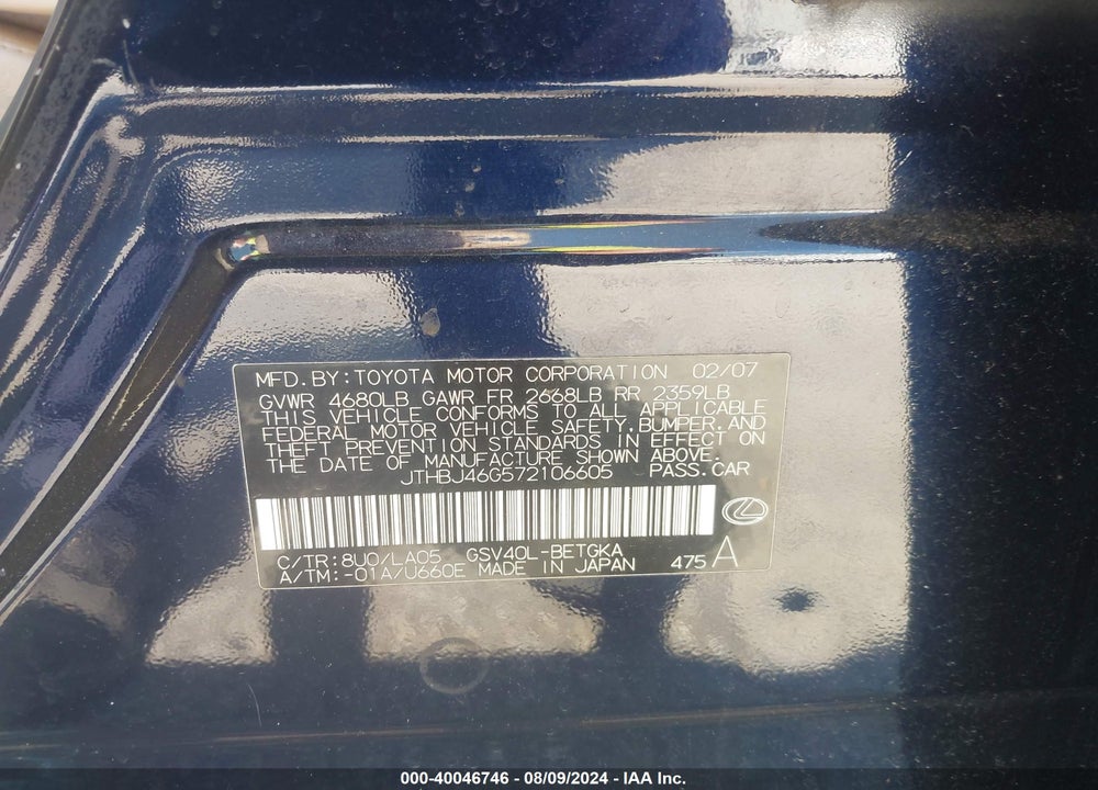 2007 LEXUS ES 350 VIN: JTHBJ46G572106605