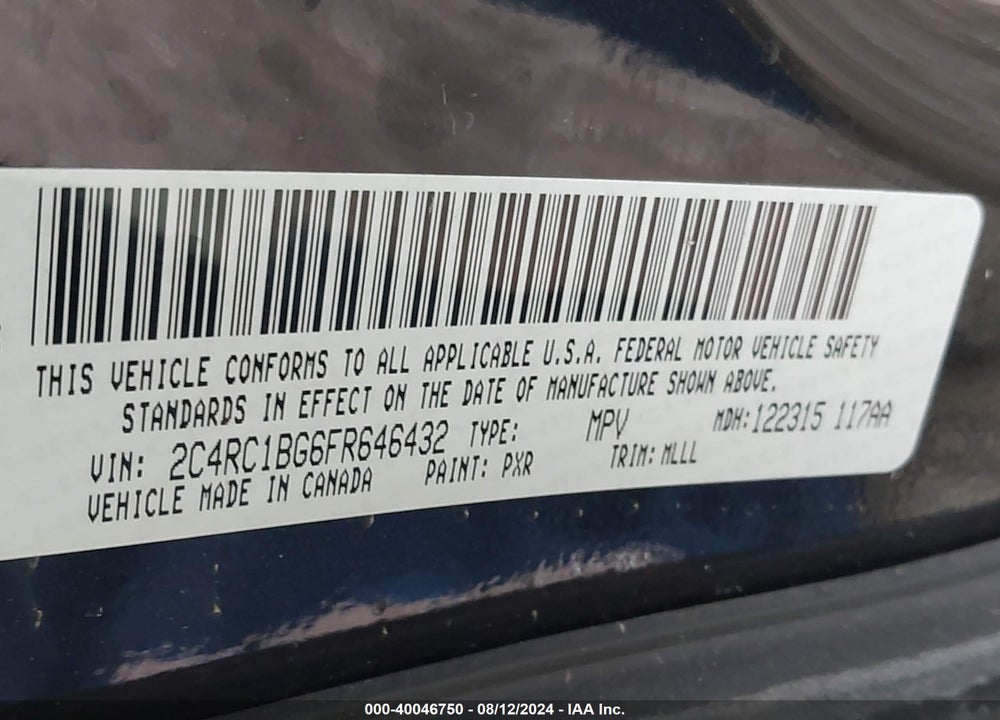 2015 CHRYSLER TOWN & COUNTRY TOURING VIN: 2C4RC1BG6FR646432
