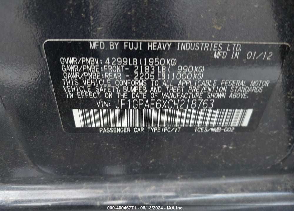2012 SUBARU IMPREZA 2.0I PREMIUM VIN: JF1GPAE6XCH218763