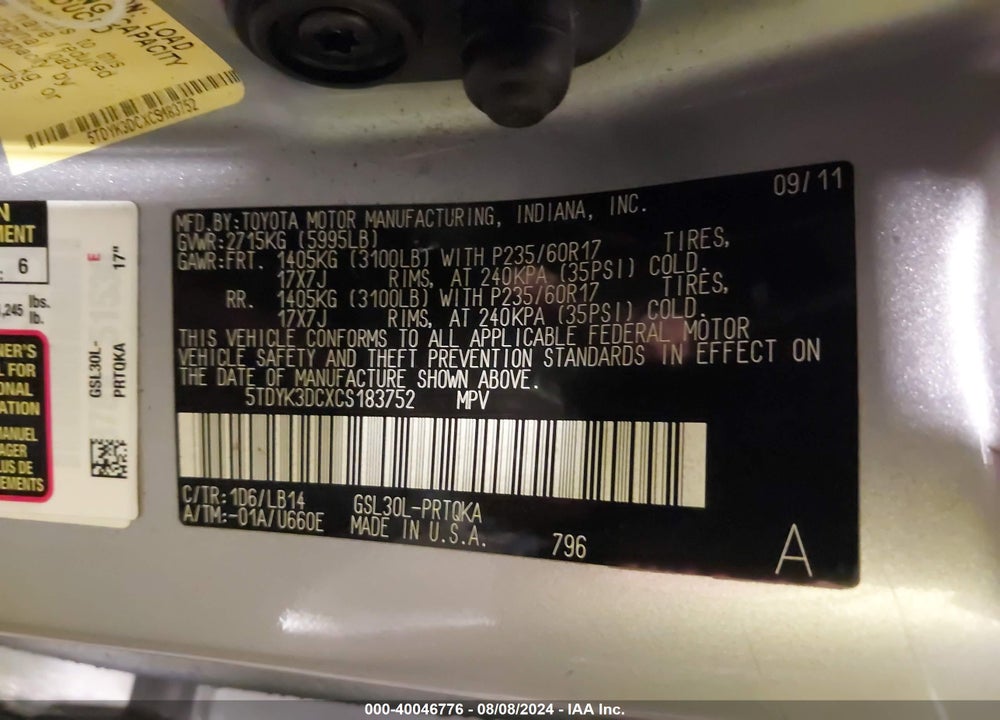 2012 TOYOTA SIENNA XLE V6 8 PASSENGER VIN: 5TDYK3DCXCS183752