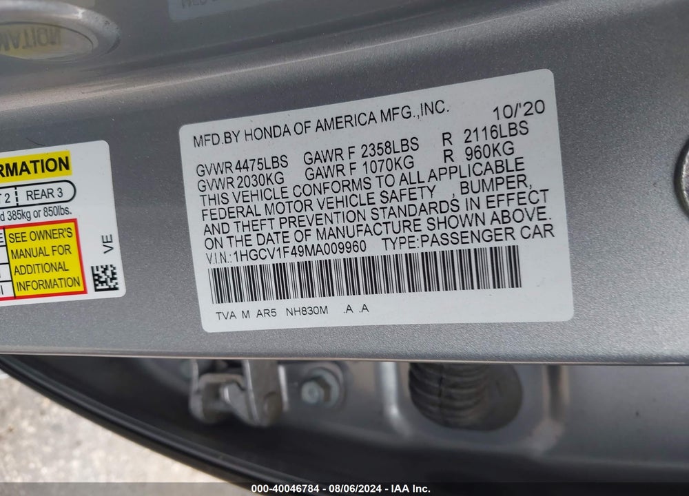 2021 HONDA ACCORD SPORT SPECIAL EDITION VIN: 1HGCV1F49MA009960