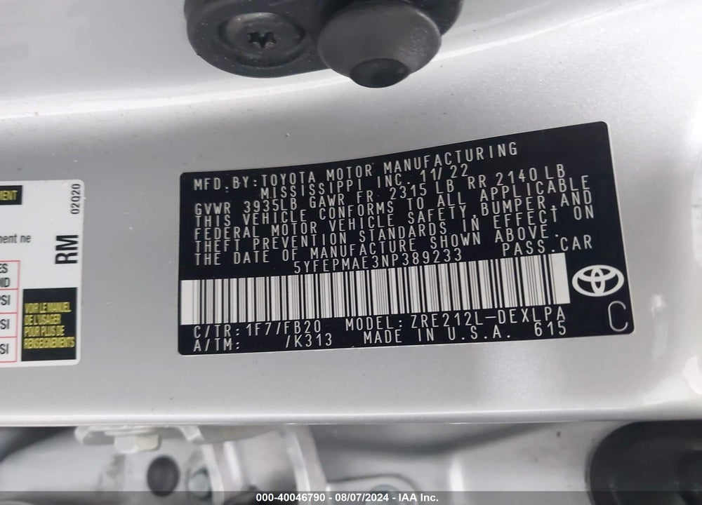 2022 TOYOTA COROLLA VIN: 5YFEPMAE3NP389233