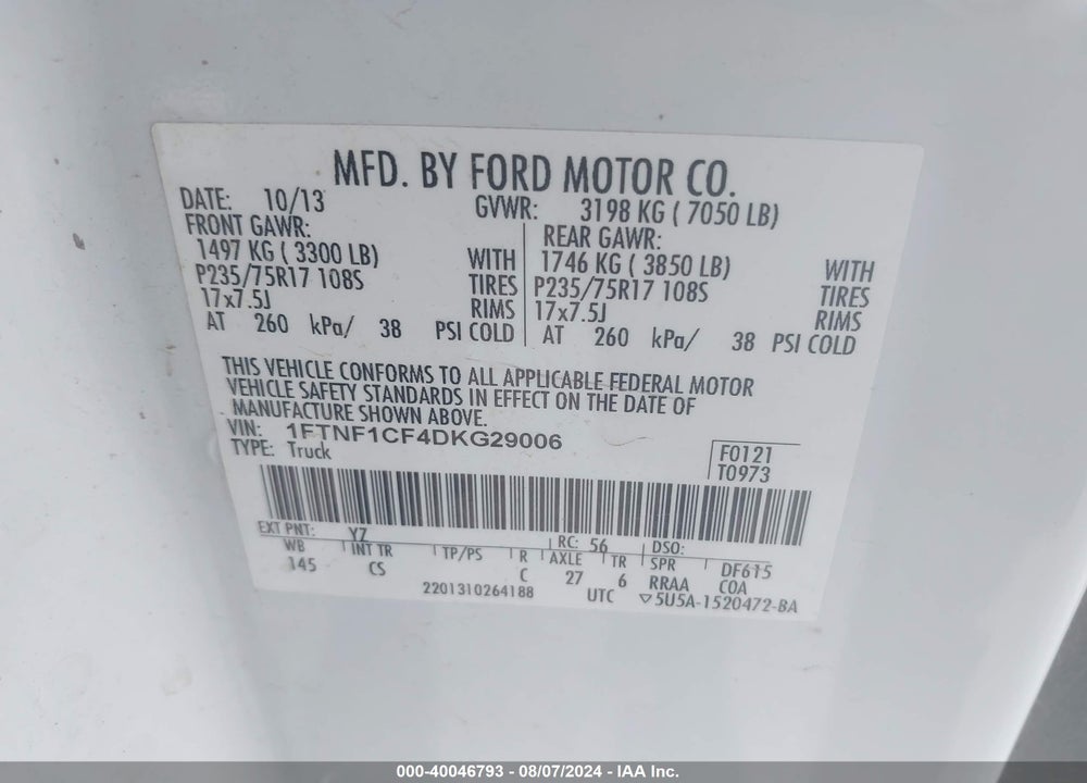 2013 FORD F-150 XL VIN: 1FTNF1CF4DKG29006