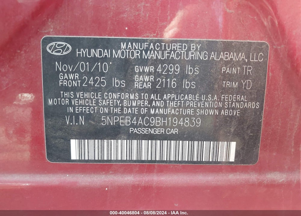 2011 HYUNDAI SONATA GLS VIN: 5NPEB4AC9BH194839