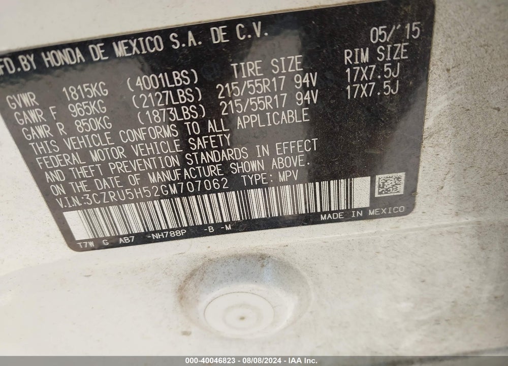2016 HONDA HR-V EX VIN: 3CZRU5H52GM707062