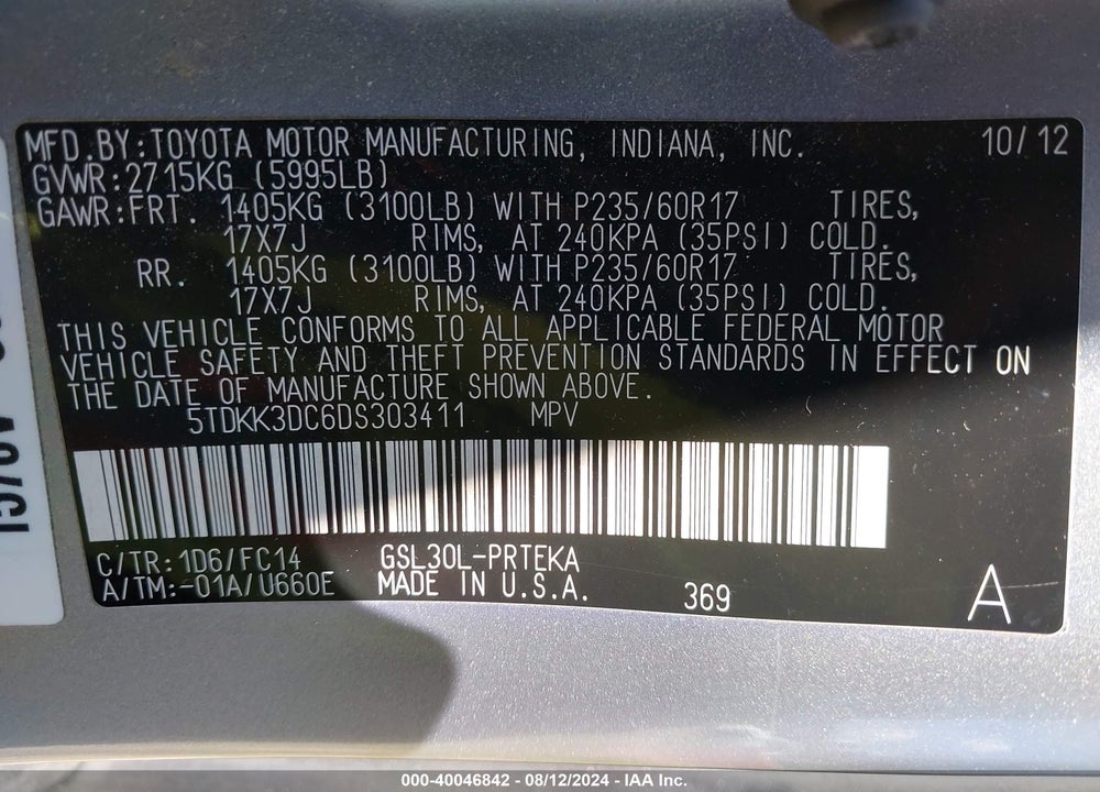 2013 TOYOTA SIENNA LE V6 8 PASSENGER VIN: 5TDKK3DC6DS303411