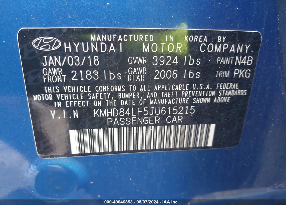 2018 HYUNDAI ELANTRA SEL VIN: KMHD84LF5JU615215