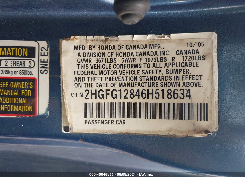 2006 HONDA CIVIC EX VIN: 2HGFG12846H518634