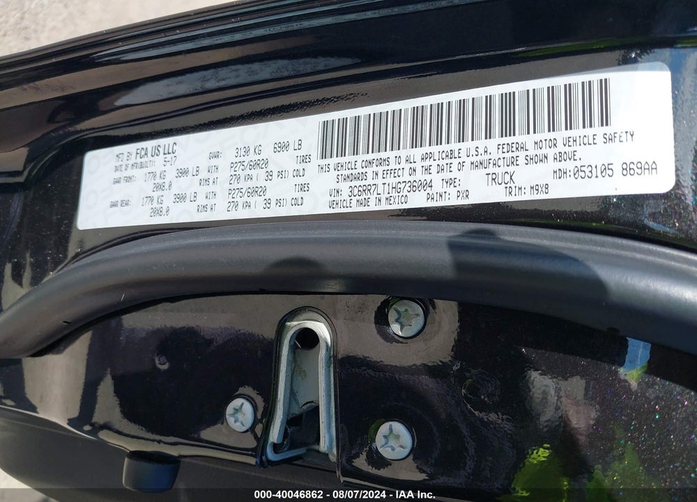 2017 RAM 1500 BIG HORN 4X4 5'7 BOX VIN: 3C6RR7LT1HG736004