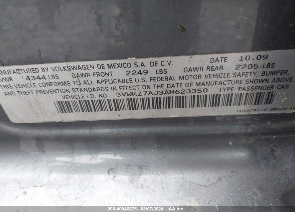 2010 VOLKSWAGEN JETTA S VIN: 3VWKZ7AJ3AM623350