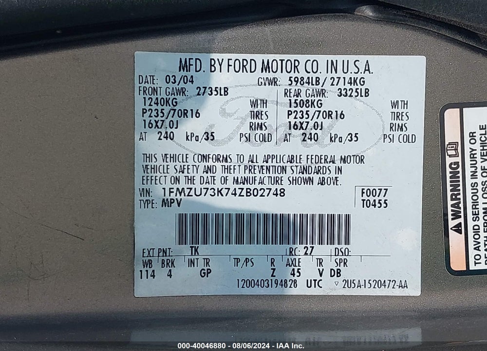 2004 FORD EXPLORER NBX/XLT VIN: 1FMZU73K74ZB02748
