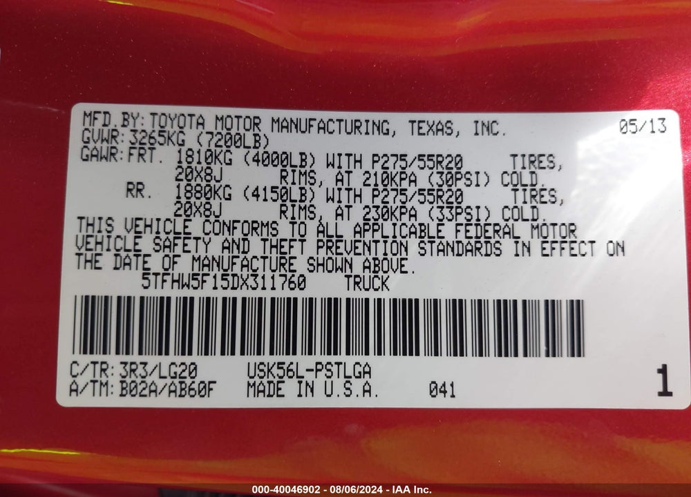 2013 TOYOTA TUNDRA PLATINUM 5.7L V8 VIN: 5TFHW5F15DX311760