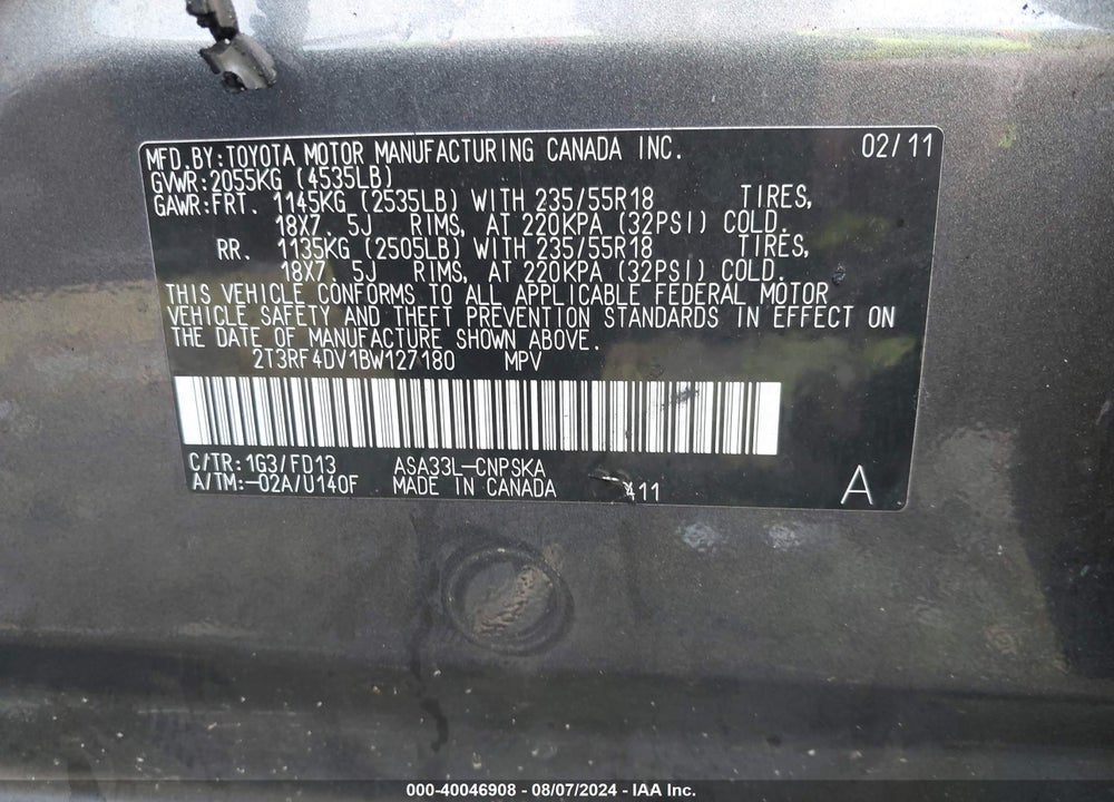 2011 TOYOTA RAV4 SPORT VIN: 2T3RF4DV1BW127180