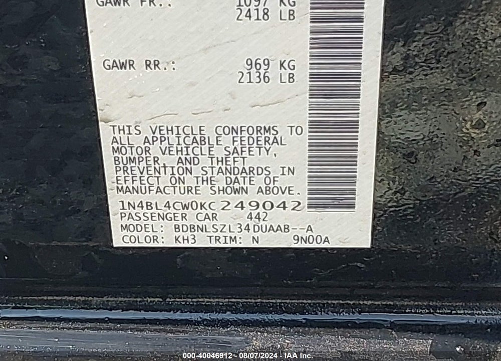 2019 NISSAN ALTIMA 2.5 SR VIN: 1N4BL4CW0KC249042