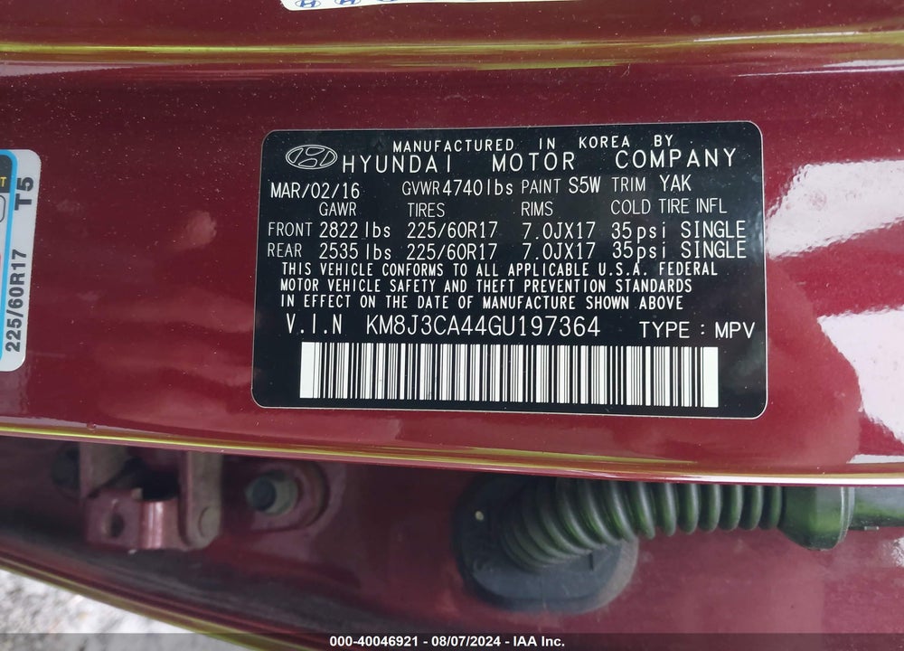 2016 HYUNDAI TUCSON SE VIN: KM8J3CA44GU197364