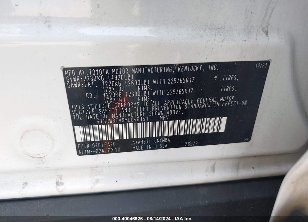 2021 TOYOTA RAV4 HYBRID XLE VIN: 4T3RWRFV9MU046151