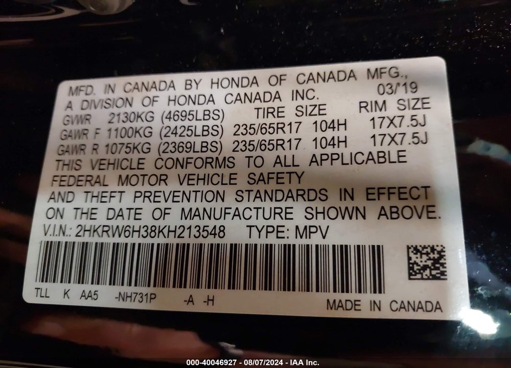2019 HONDA CR-V LX VIN: 2HKRW6H38KH213548