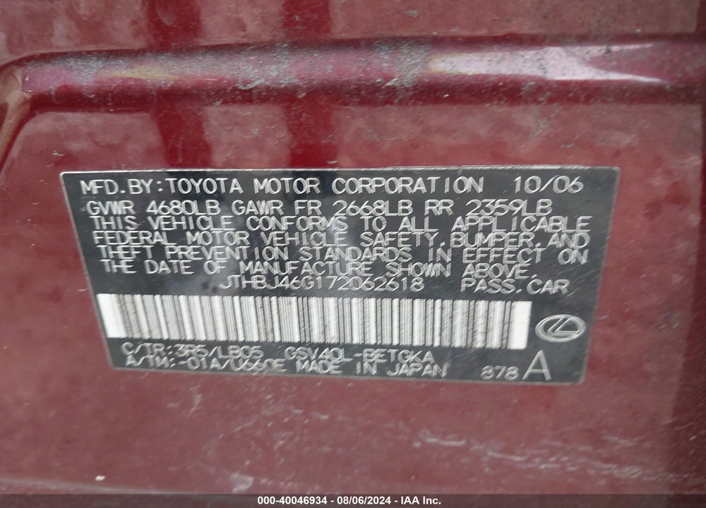 2007 LEXUS ES 350 VIN: JTHBJ46G172062618