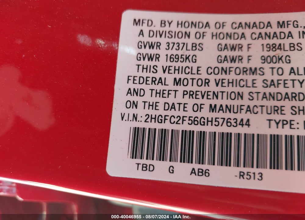 2016 HONDA CIVIC LX VIN: 2HGFC2F56GH576344